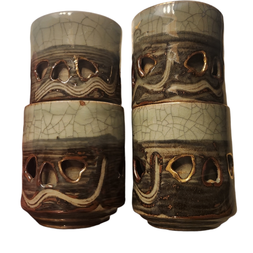 Vtg Somayaki Soma Ware Japanese Double wall tea cup set